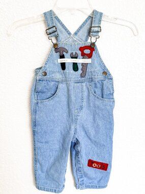 Vintage Vitamins Kids Overalls Size 12M Light Blue Denim Tool Theme